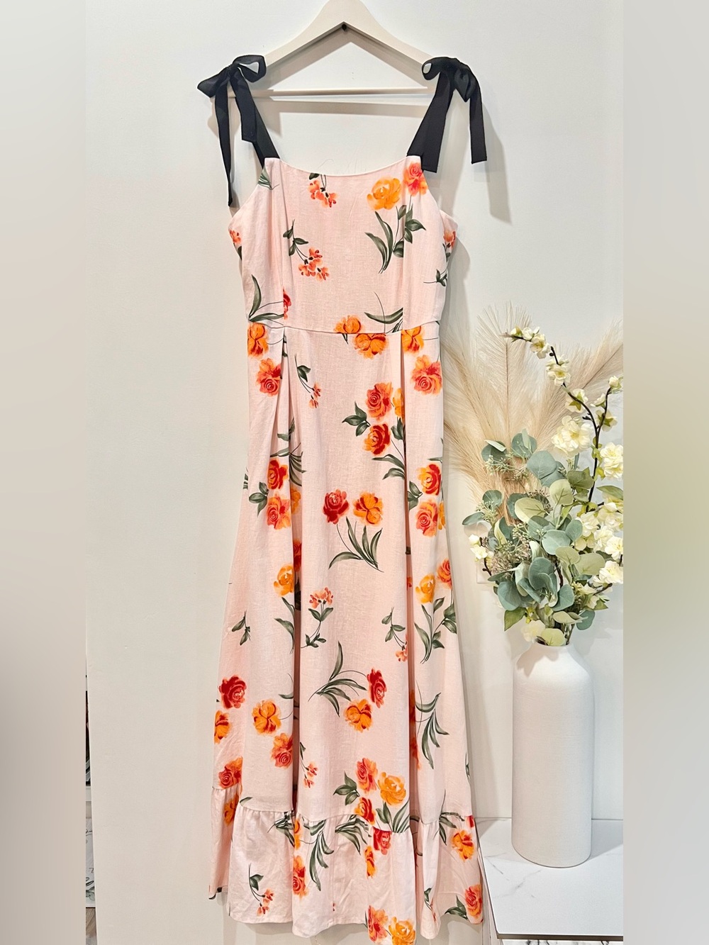 Gianni Bini Blush Maxi Dress with Orange Rose Print and Black Ties - Picture 3 of 14
